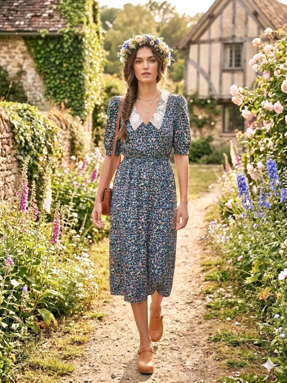 Cottagecore Vintage-Inspired Navy Floral Dress w intricate handmade Lace Collar